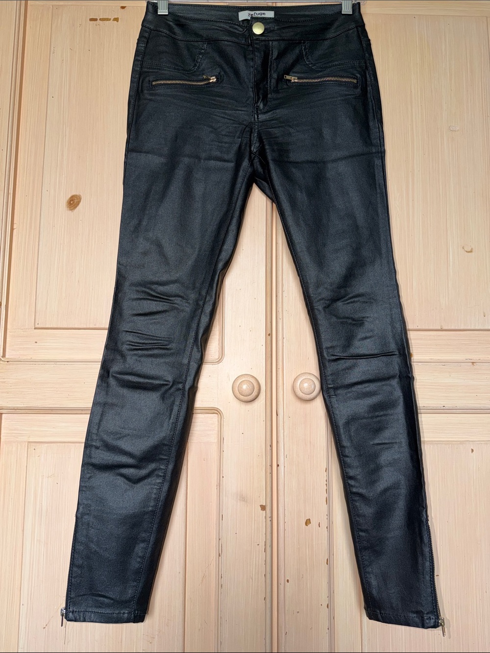 refuge Black Faux-Leather Skinny Jeans with Gold Zippers